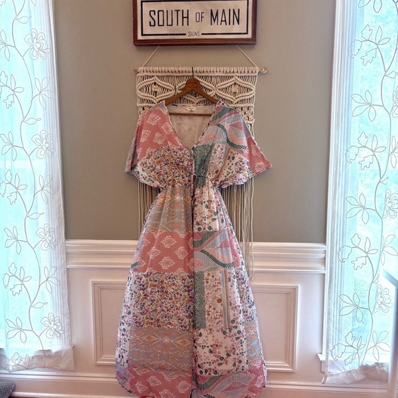 World Market Mira Dobby Patchwork Kaftan Dress Pastel Boho S/M Pastel resort EUC - Picture 2 of 11